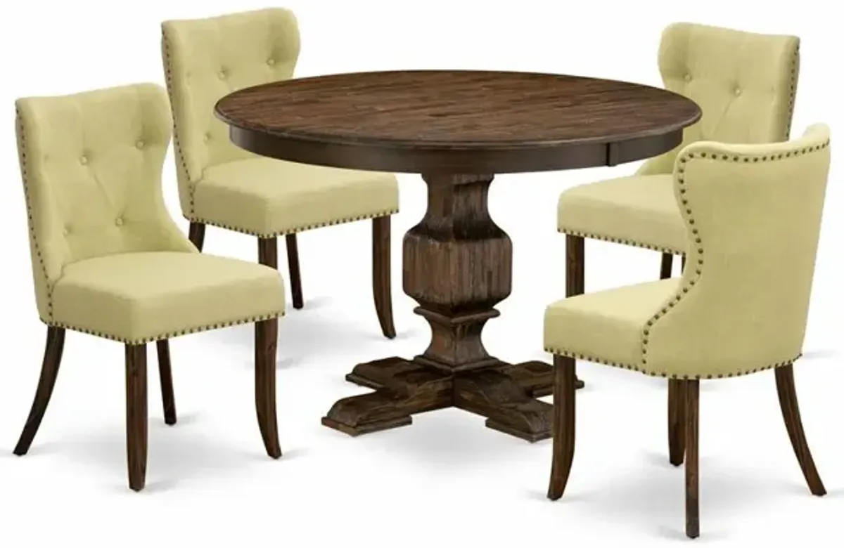 East West Furniture 5-Piece Modern Dining Set - Wooden Pedestal Dining Table and 4 Limelight Color Parson Dining Room Chairs with Button Tufted Back - Distressed Jacobean Finish