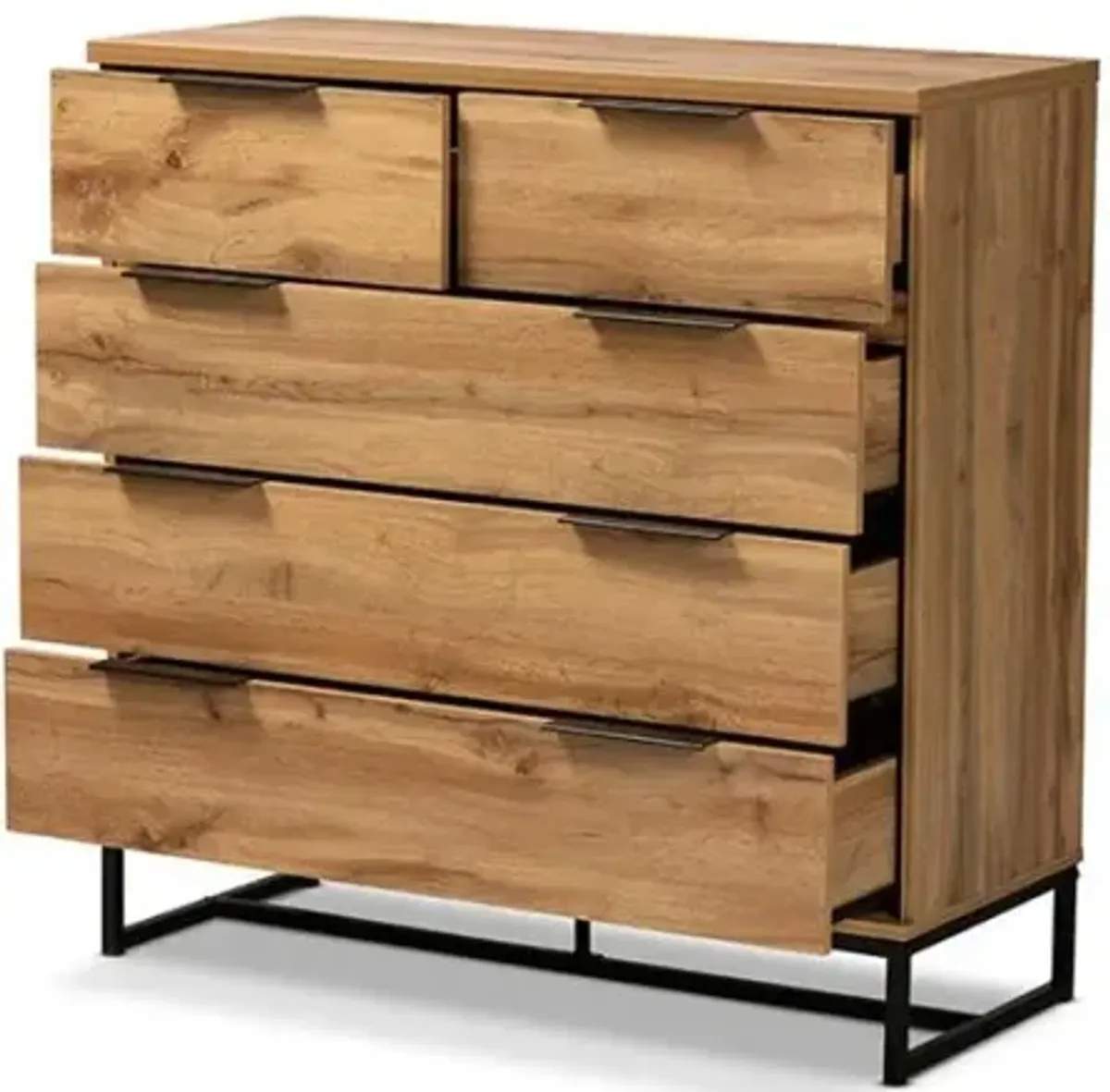 Oak Finished Wood and Black Finished Metal 5-Drawer Bedroom Chest