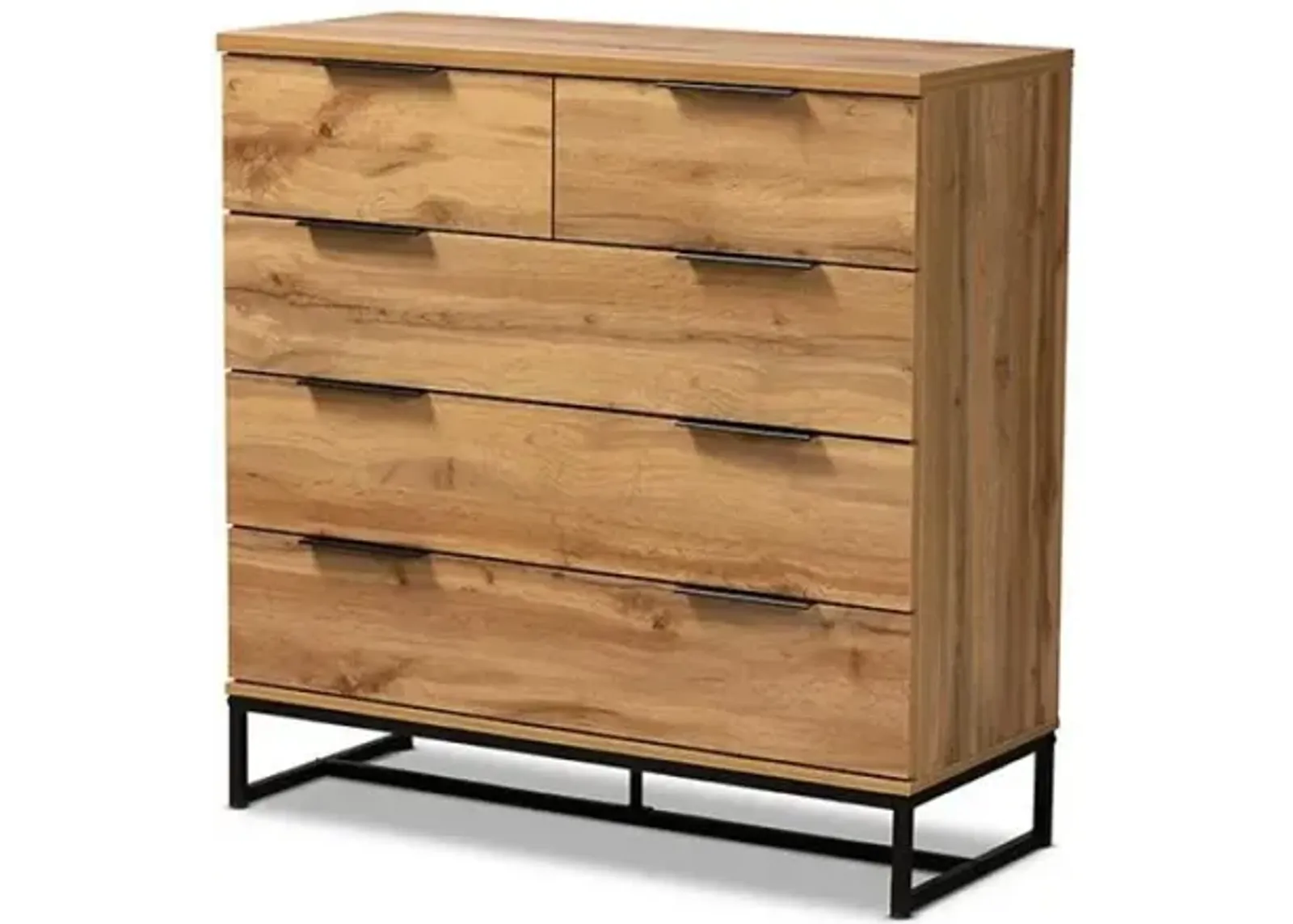 Oak Finished Wood and Black Finished Metal 5-Drawer Bedroom Chest