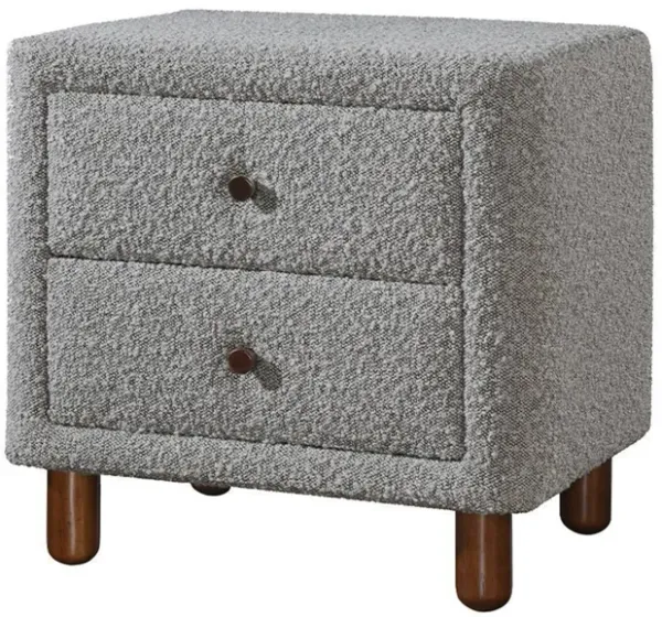 Lyno 20 Inch Nightstand, 2 Drawers, Brown Legs, Gray Boucle Upholstery - Benzara