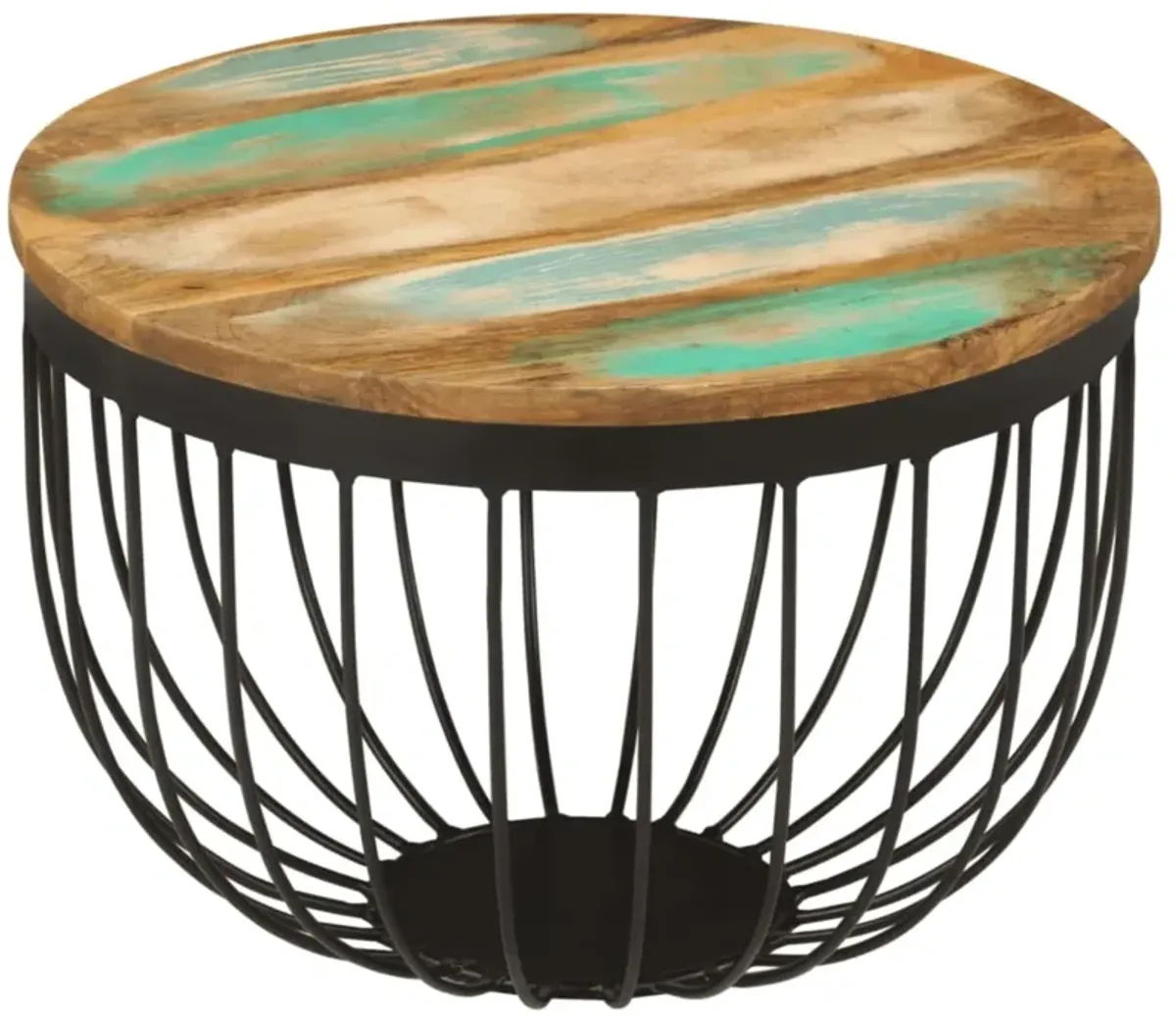 vidaXL Multicolour Industrial Coffee Table - Ø19.7"x13.8" with Solid Reclaimed Wood and Steel Construction, Basket-Shaped Base, Round Tabletop, Easy Assembly