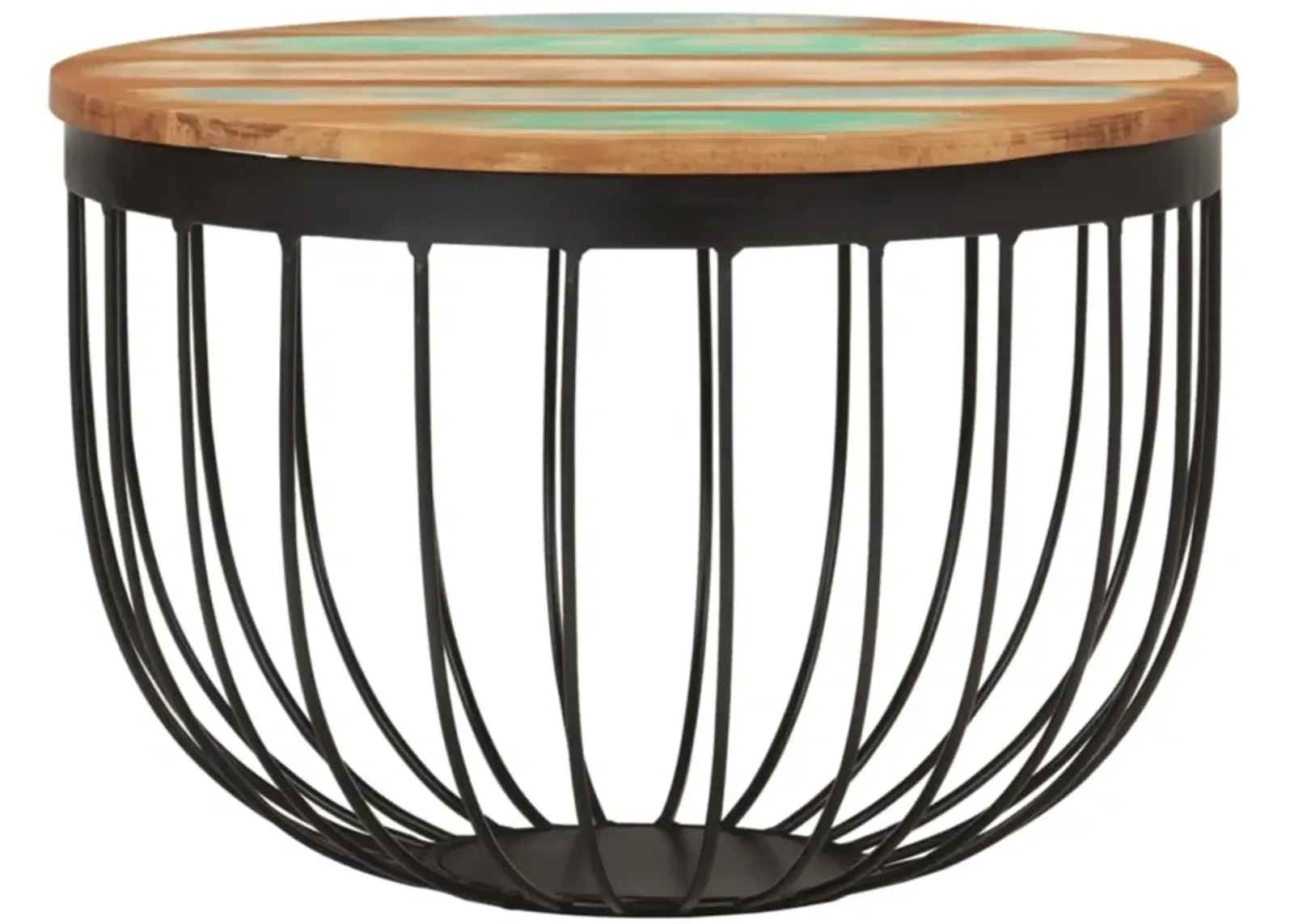 vidaXL Multicolour Industrial Coffee Table - Ø19.7"x13.8" with Solid Reclaimed Wood and Steel Construction, Basket-Shaped Base, Round Tabletop, Easy Assembly