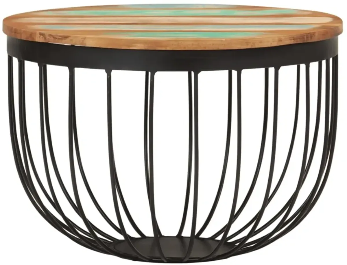 vidaXL Multicolour Industrial Coffee Table - Ø19.7"x13.8" with Solid Reclaimed Wood and Steel Construction, Basket-Shaped Base, Round Tabletop, Easy Assembly