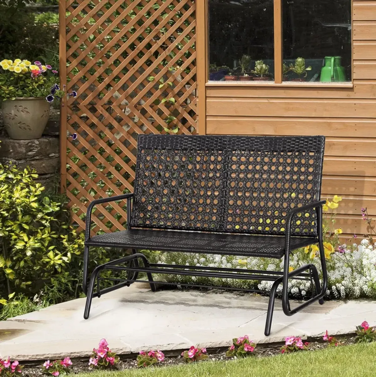 Outdoor Rocking Duo: Black 2-Person Wicker Glider Bench with Cushions