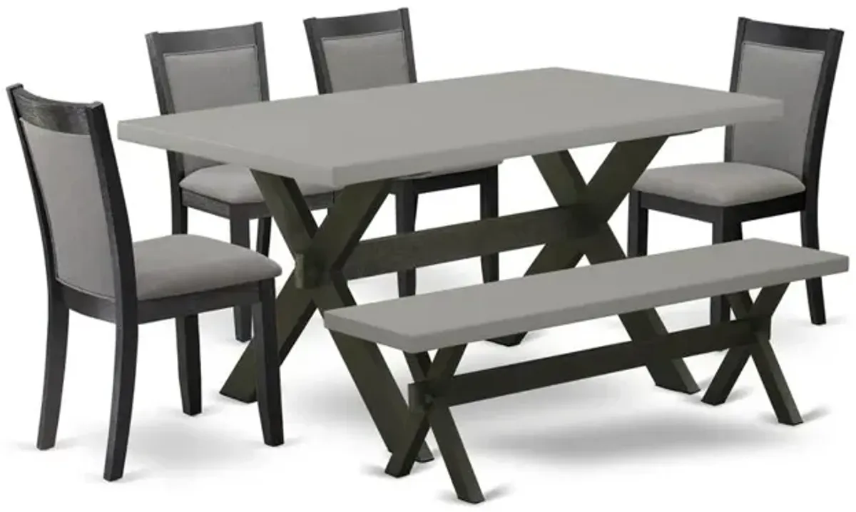 East West Furniture 6 Piece Modern Dining Set - A Cement Top Wood Dining Table with a Bench and 4 Dark Gotham Grey Linen Fabric Upholstered Dining Chairs - Wire Brushed Black Finish