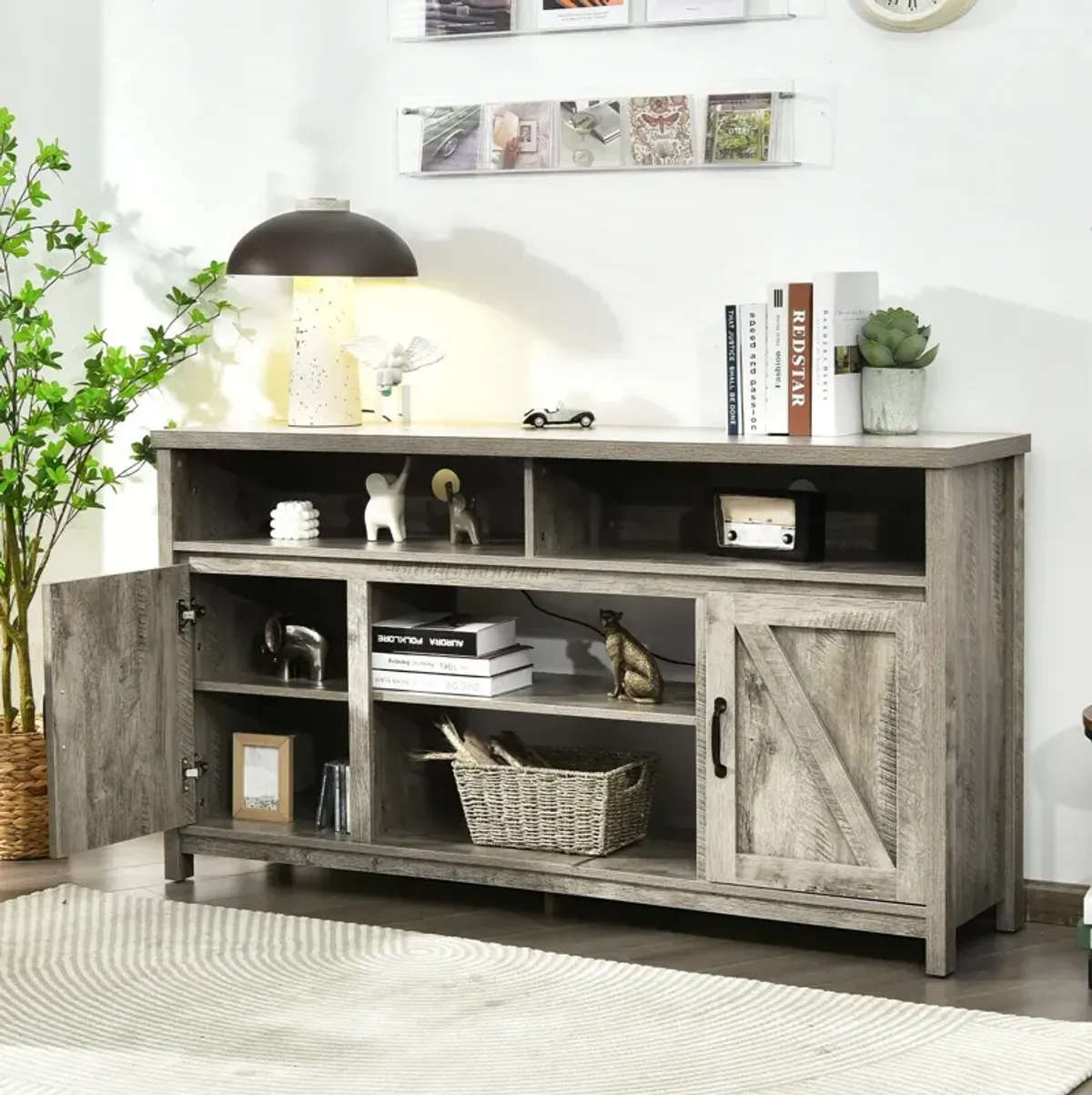 59 Inch TV Stand Media Center Console Cabinet with Barn Door for TV's 65 Inch