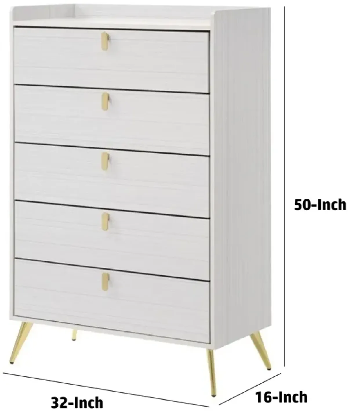 Cos 50 Inch Wood Tall Dresser Chest, 5 Drawers, Metal Handles, White, Gold-Benzara