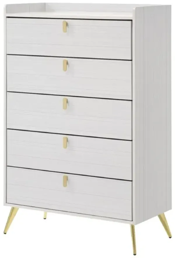 Cos 50 Inch Wood Tall Dresser Chest, 5 Drawers, Metal Handles, White, Gold-Benzara