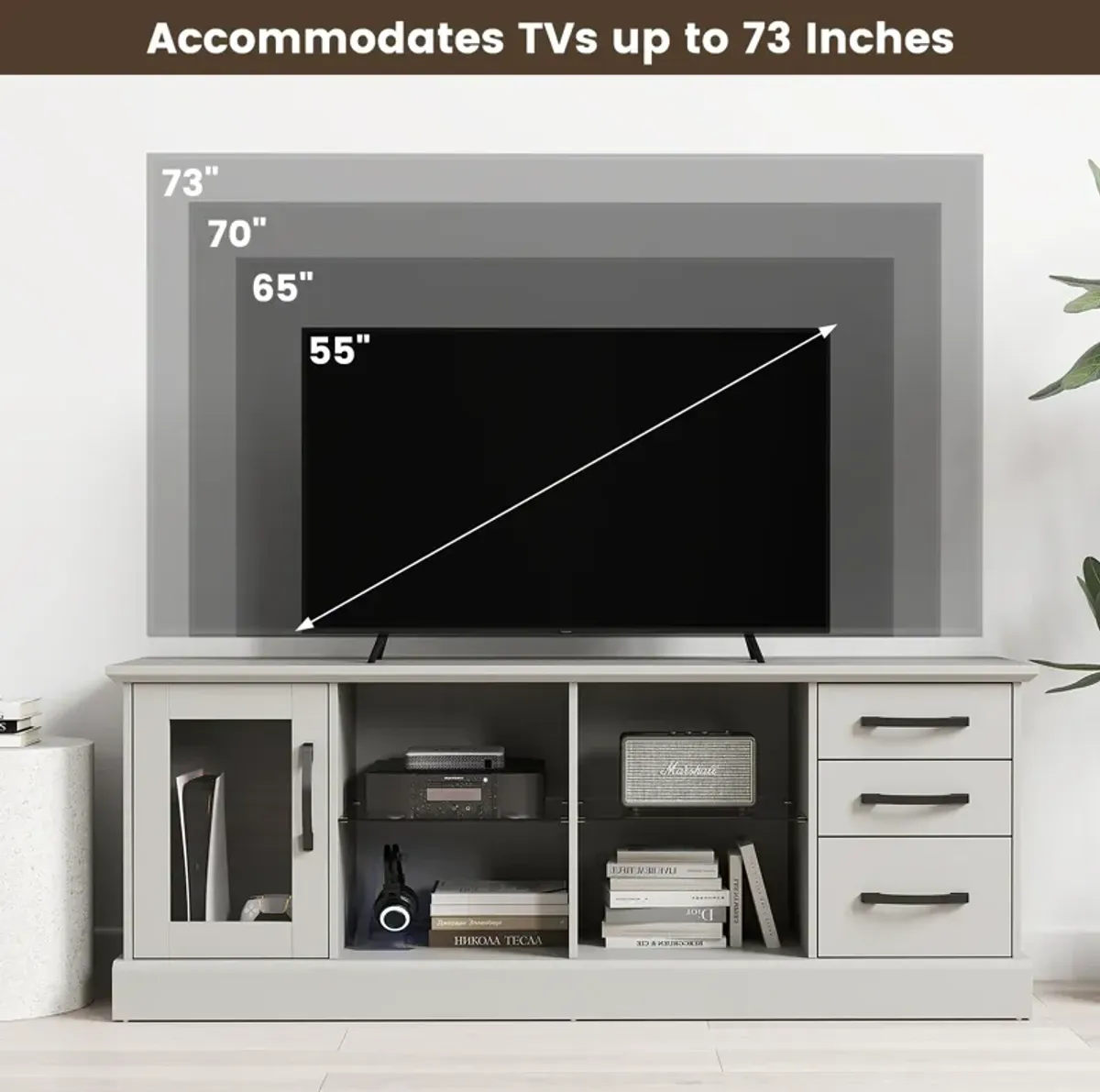 Media Console Table with 3 Drawers and 2 Glass Shelves for Stylish TV and Media Storage