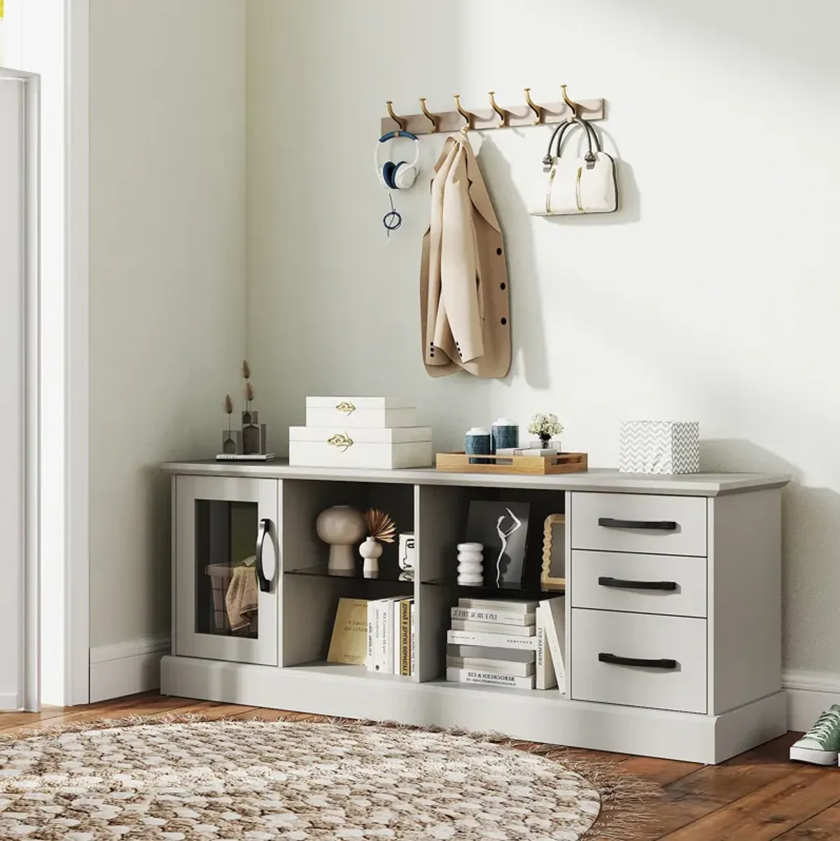 Media Console Table with 3 Drawers and 2 Glass Shelves for Stylish TV and Media Storage