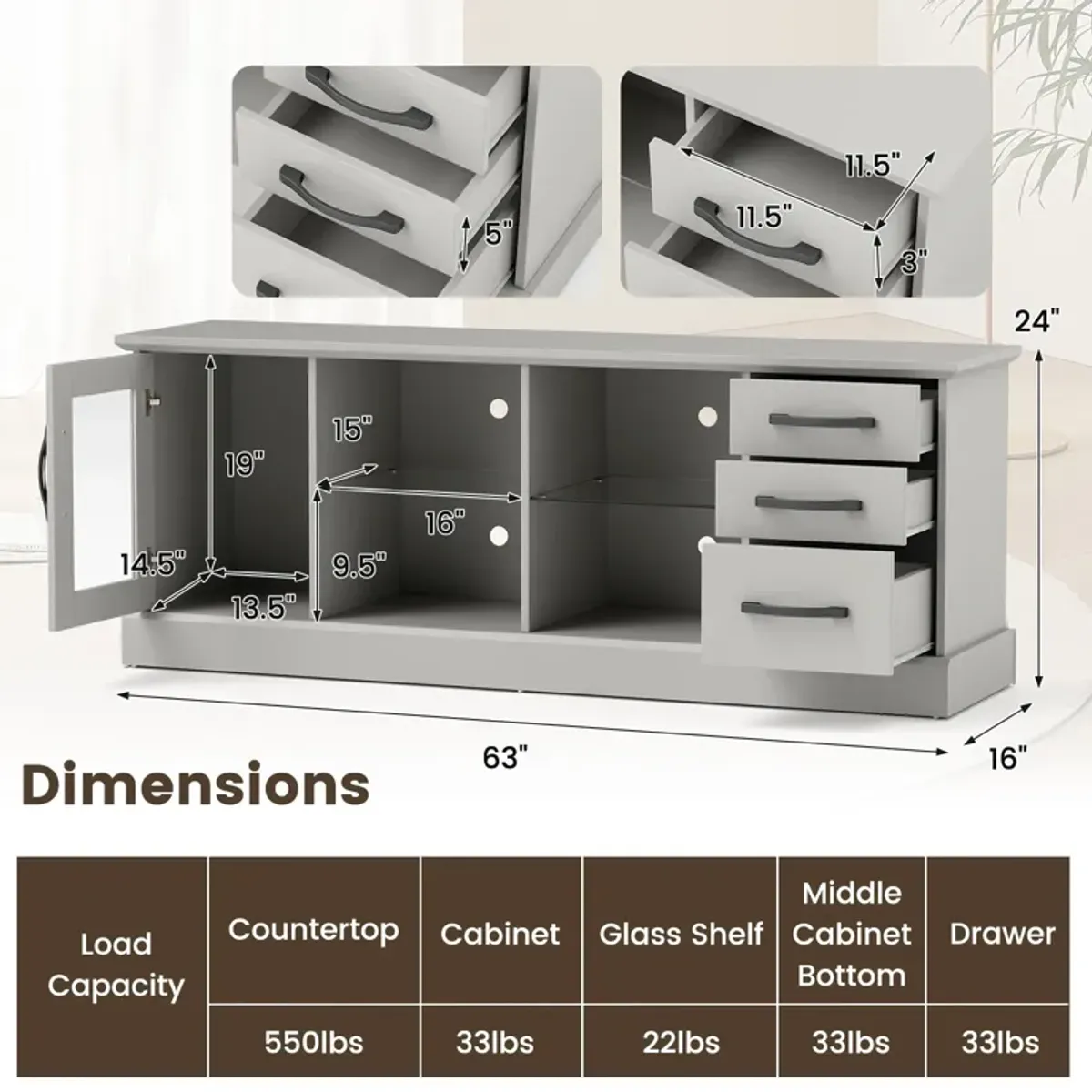 Media Console Table with 3 Drawers and 2 Glass Shelves for Stylish TV and Media Storage