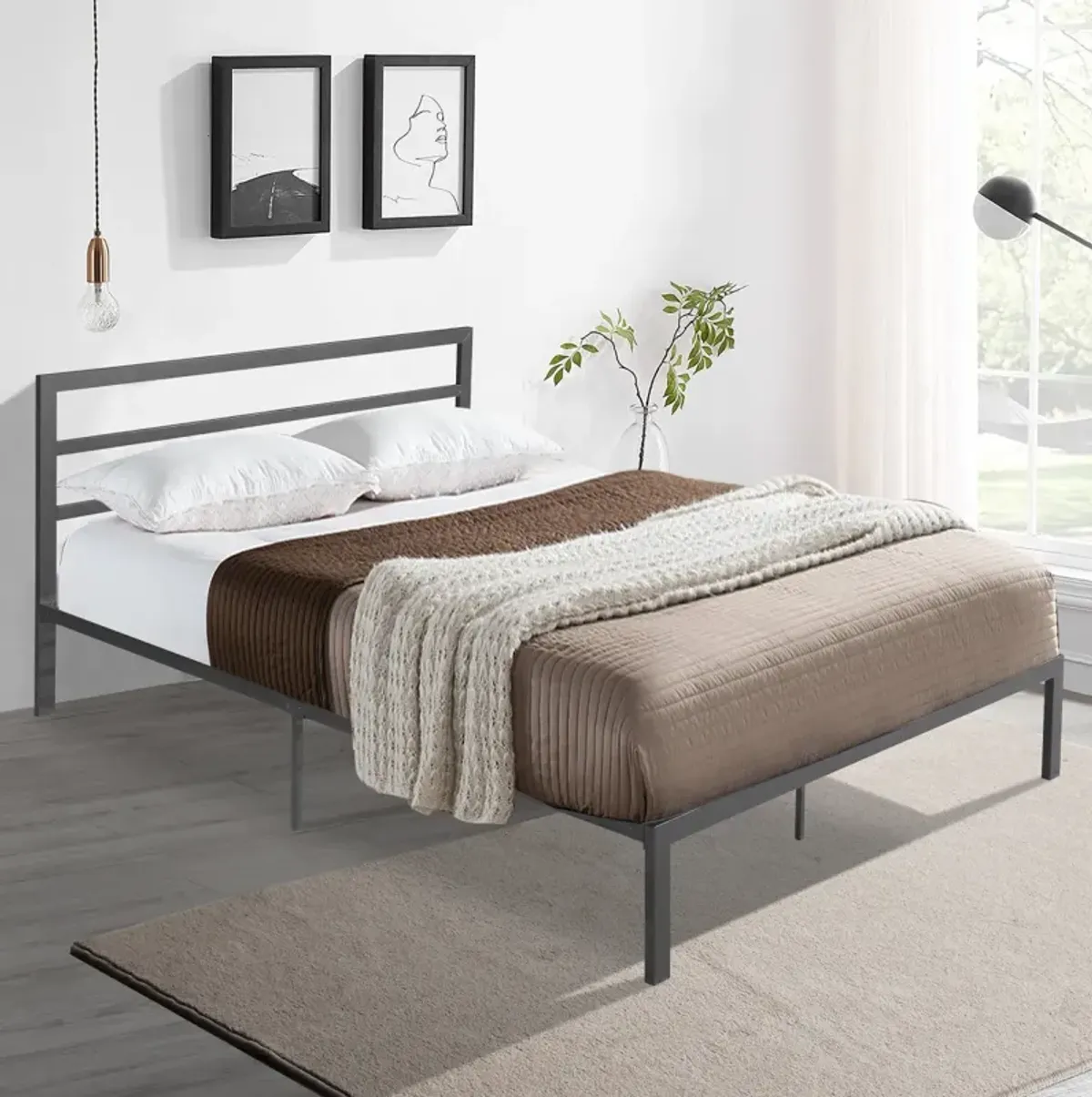 Queen Size Metal Bed Frame With Headboard Charcoal