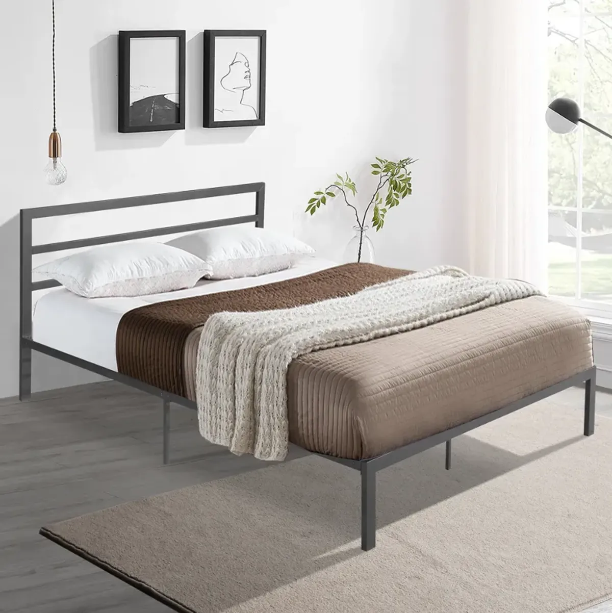 Streamdale Queen Size Metal Bed Frame With Headboard Charcoal