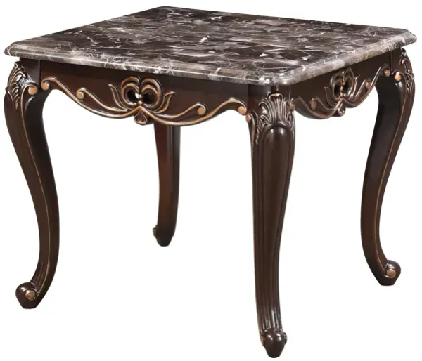 Cona 28 Inch Side End Table, Carved Gold Accents, Cherry Brown, Gray White - Benzara