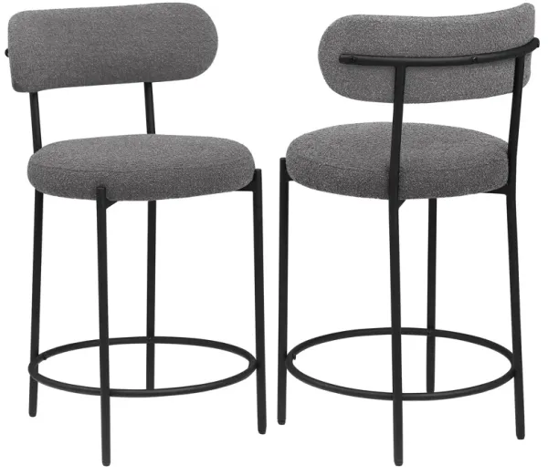Winona Counter Height Chair Set of 2, Gray Boucle, Black Metal 25 Inch - Benzara
