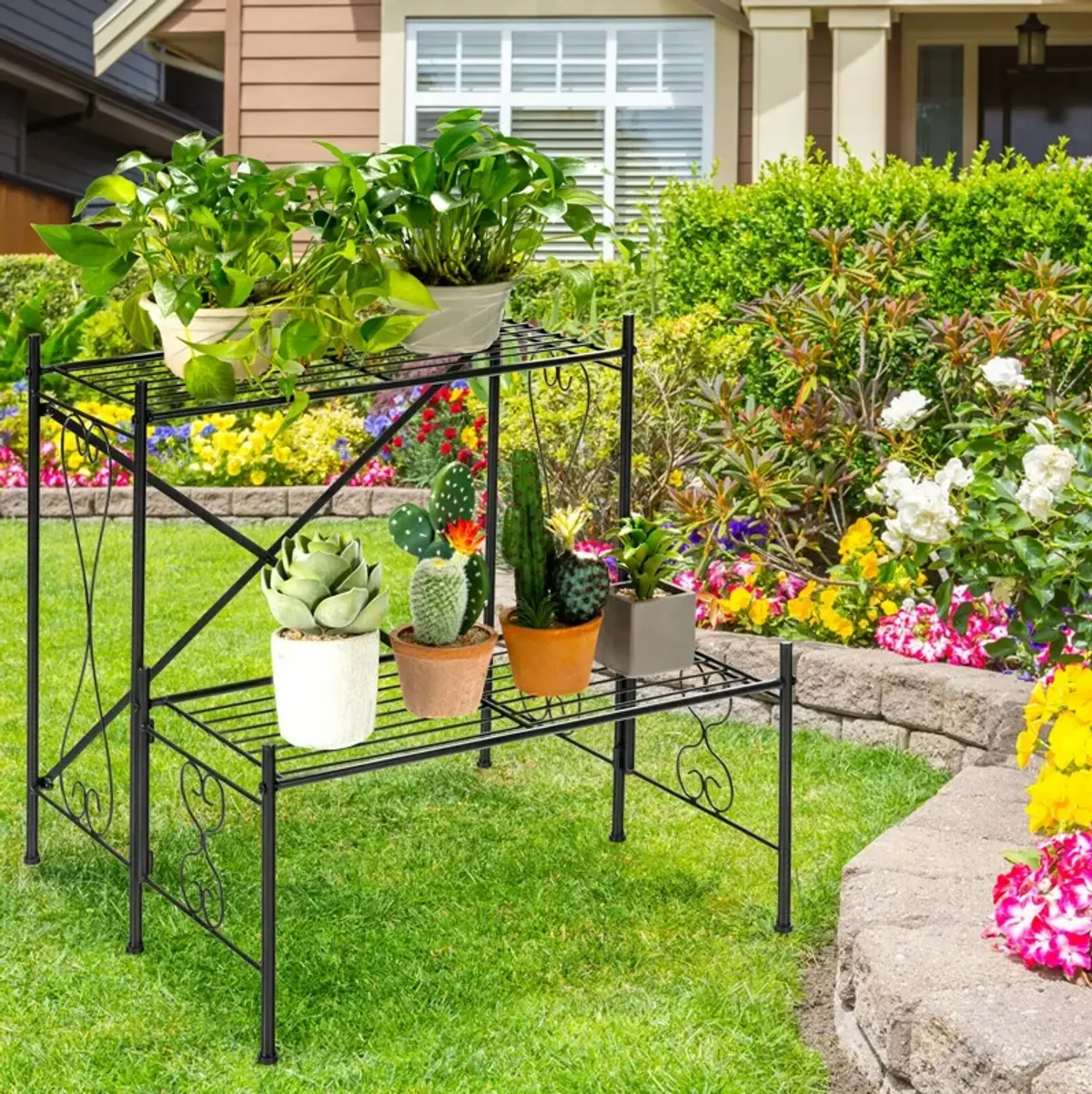 2-Tier Metal Plant Stand Garden Shelf