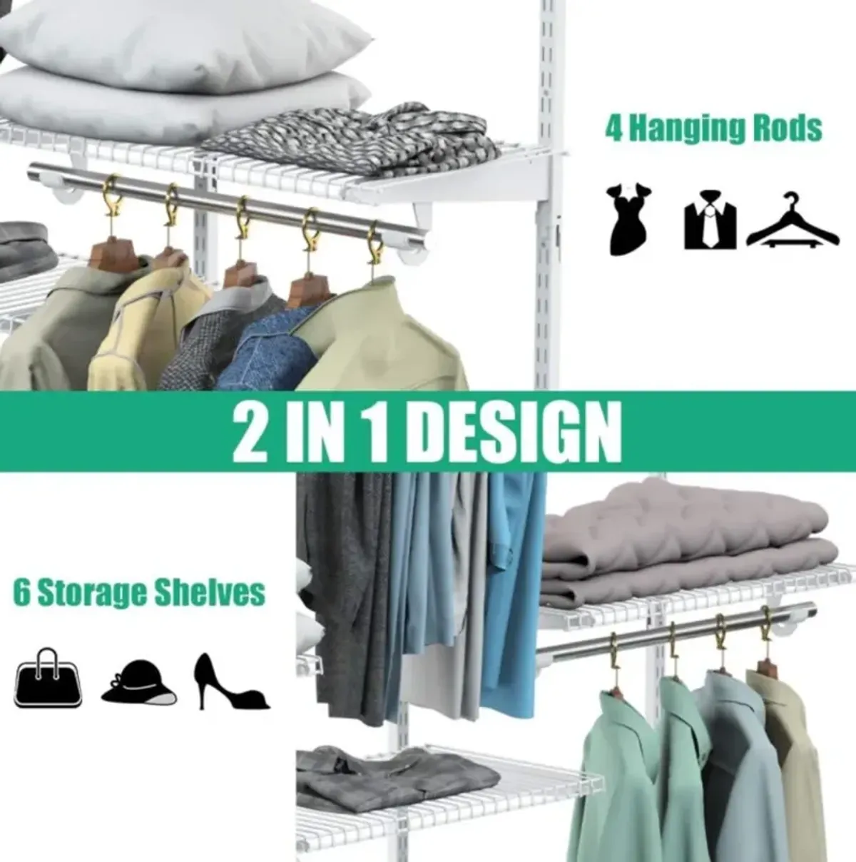 Hivvago Adjustable Wall Mounted Closet Rack System with Shelf