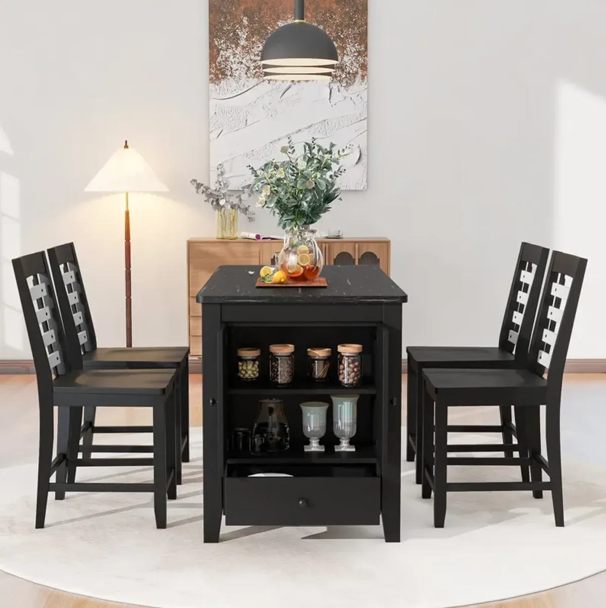 MONDAWE Counter Height 5-Piece Dining Table Set with Faux Marble Tabletop, Solid Wood Table Set with Storage Cabinet and Drawer