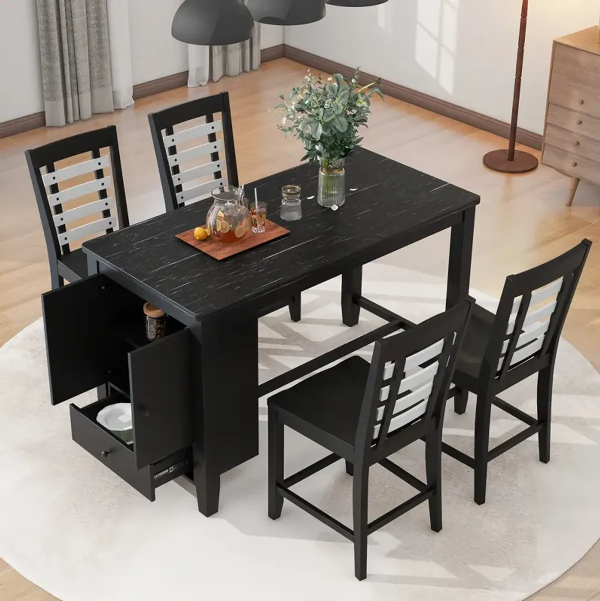 MONDAWE Counter Height 5-Piece Dining Table Set with Faux Marble Tabletop, Solid Wood Table Set with Storage Cabinet and Drawer