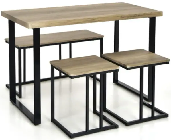Hivvago 4 Pieces Industrial Dinette Set with Bench and 2 Stools-Oak