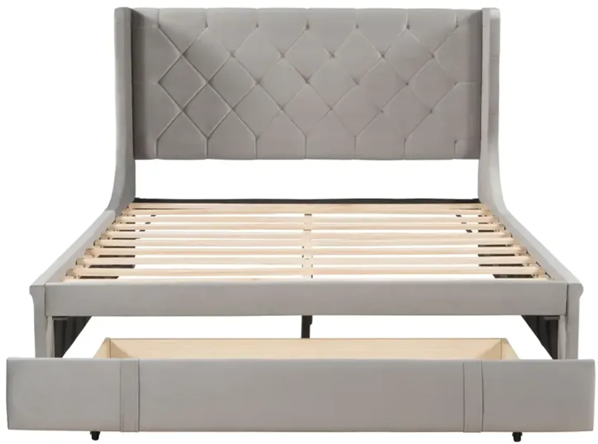 Queen Size Storage Bed Velvet Upholstered Platform Bed With Wingback Headboard And Big Drawer