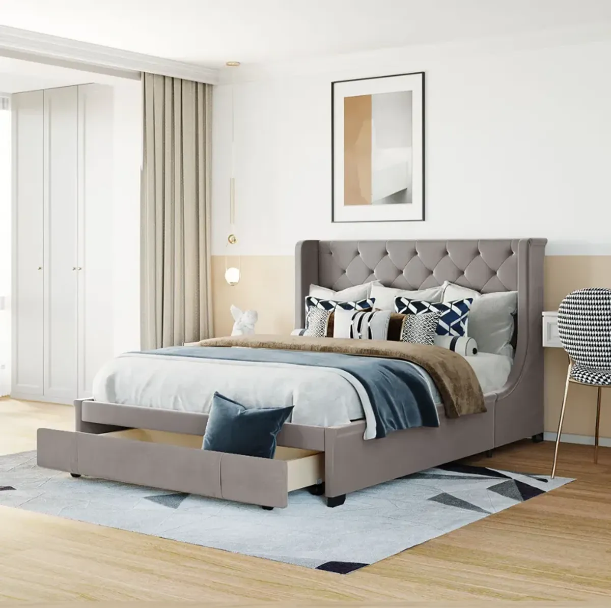 Streamdale Velvet Wingback Storage Platform Bed with Drawer