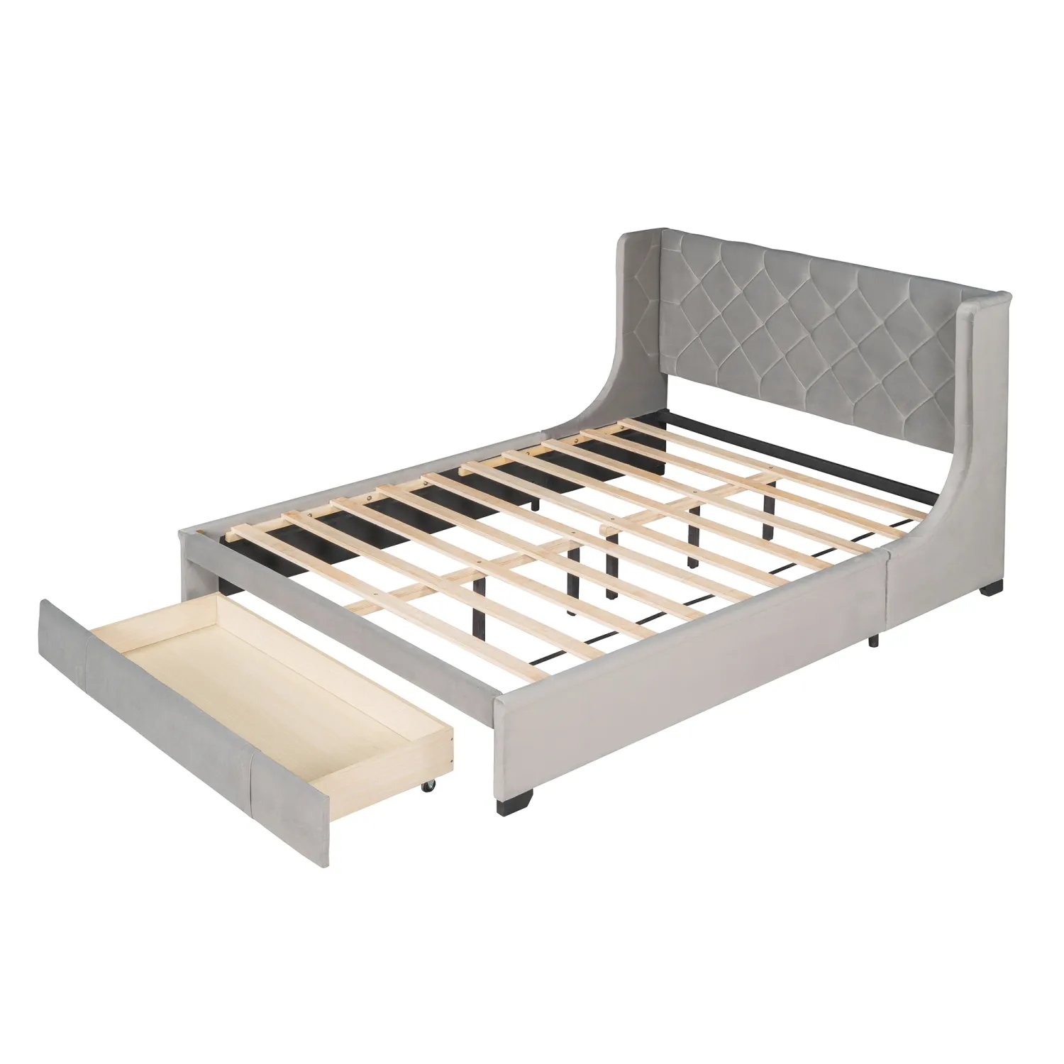 Queen Size Storage Bed Velvet Upholstered Platform Bed With Wingback Headboard And Big Drawer