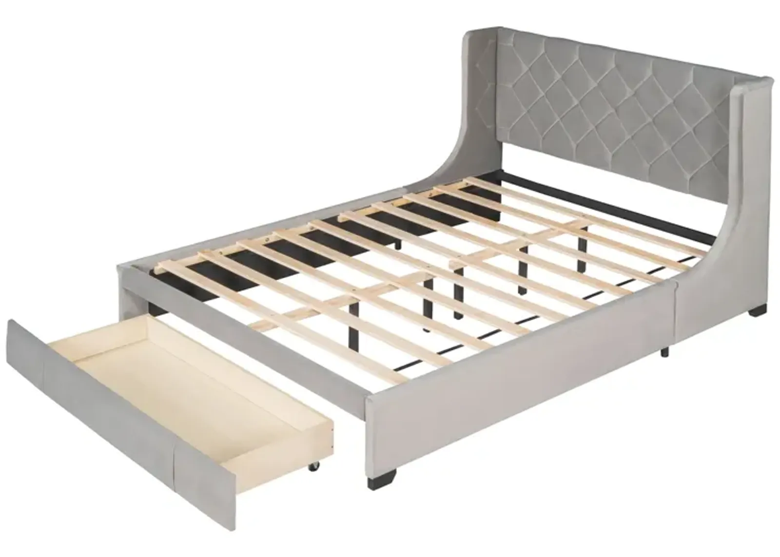 Queen Size Storage Bed Velvet Upholstered Platform Bed With Wingback Headboard And Big Drawer