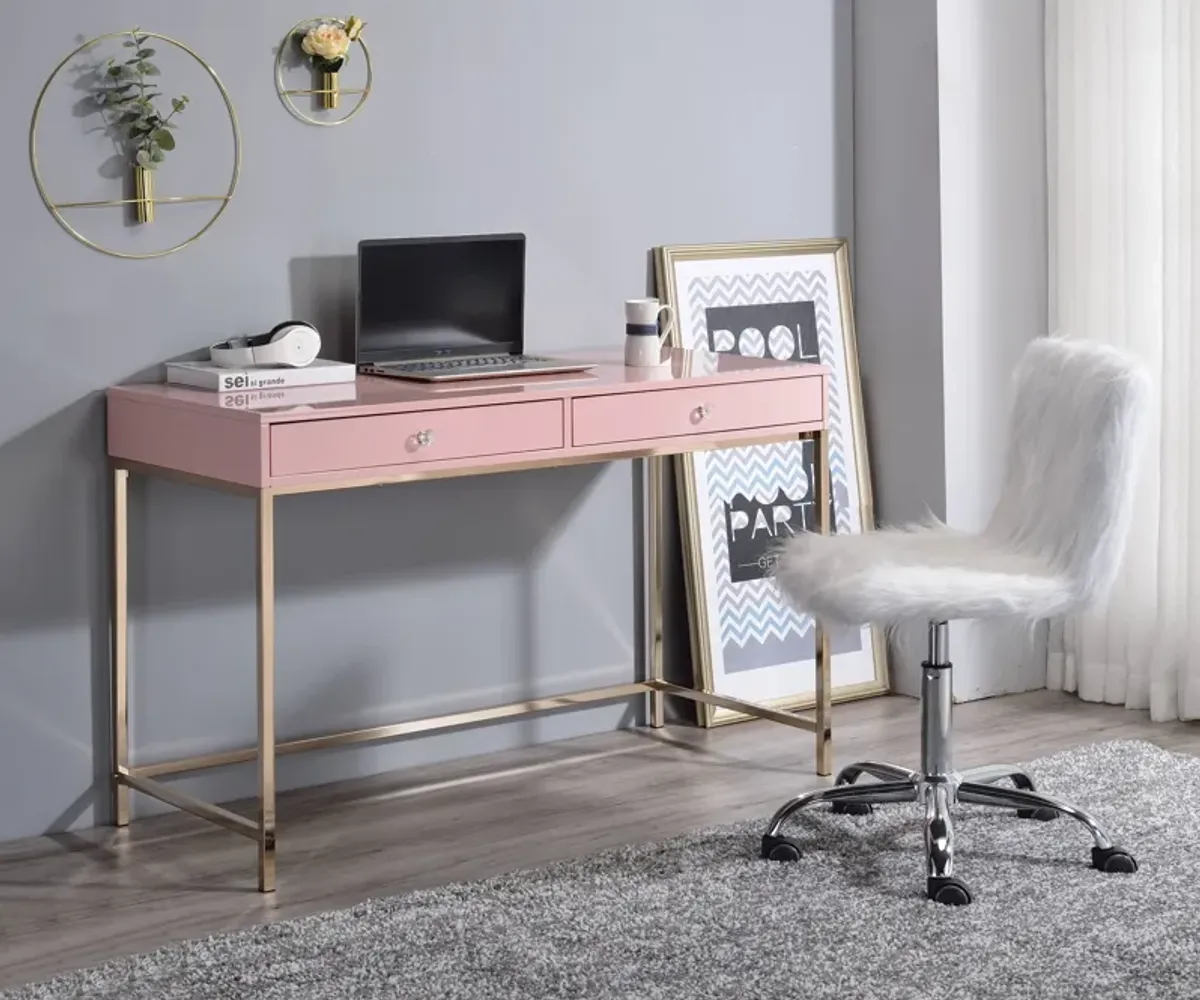 ACME Ottey Writing Desk, Pink High Gloss & Gold Finish