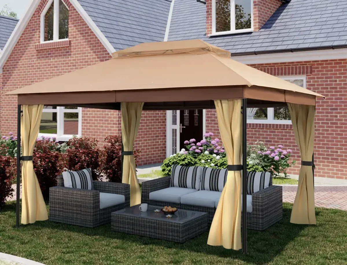 MONDAWE 10 x 13 ft Soft Top Outdoor Patio Gazebo Tent Canopy with Included Curtains Ventilated Double Roof, Beige