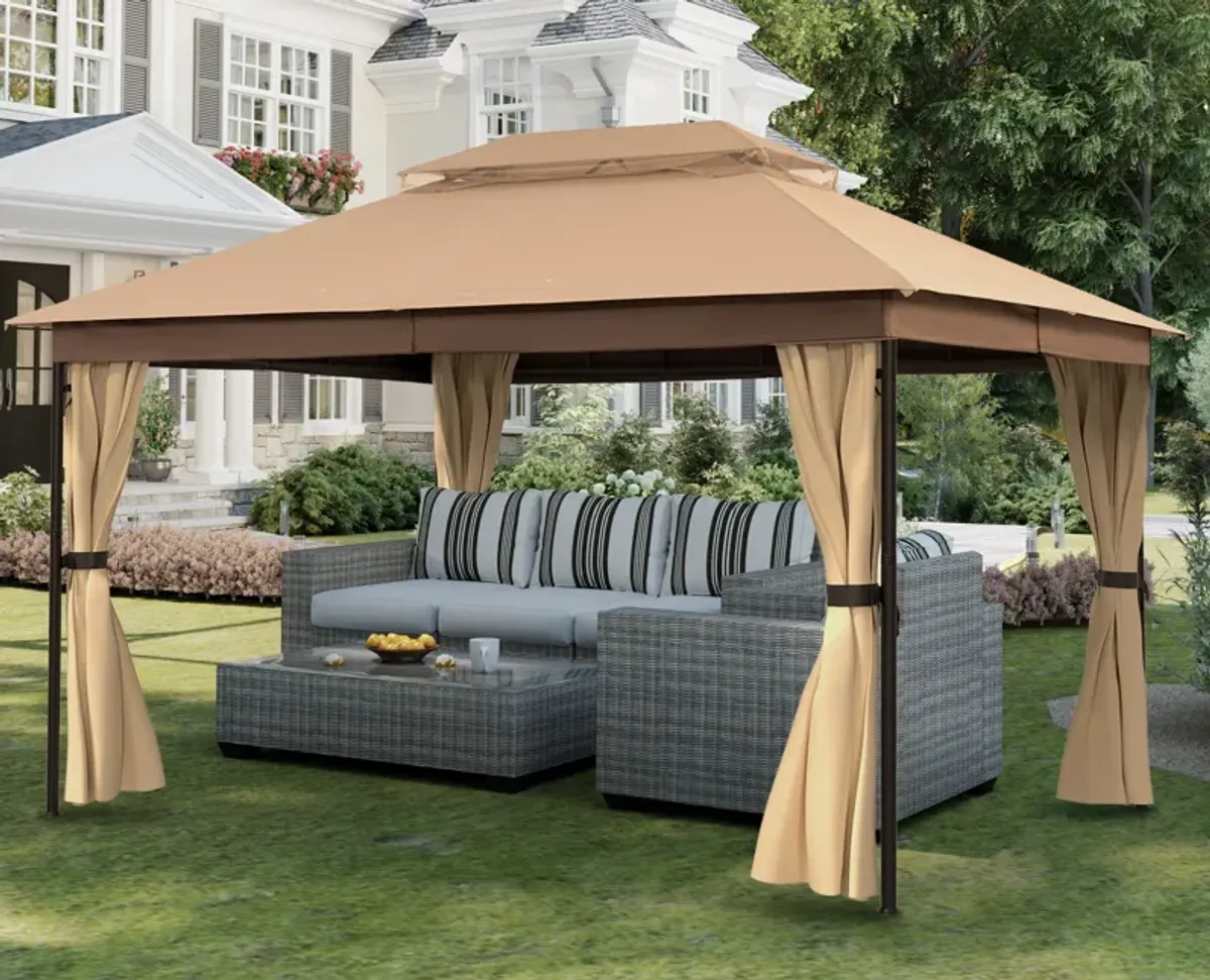 MONDAWE 10 x 13 ft Soft Top Outdoor Patio Gazebo Tent Canopy with Included Curtains Ventilated Double Roof, Beige