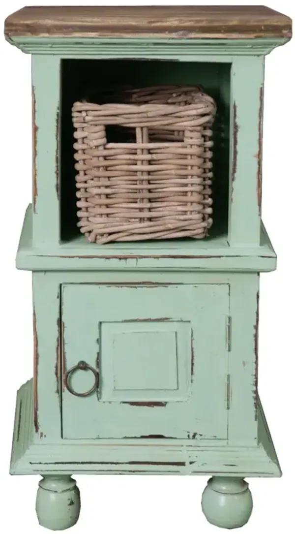 Shabby Chic Cottage 12.25 in. Island Blue Square Solid Wood End Table with Rattan Basket and 1 Door and 1 Shelf