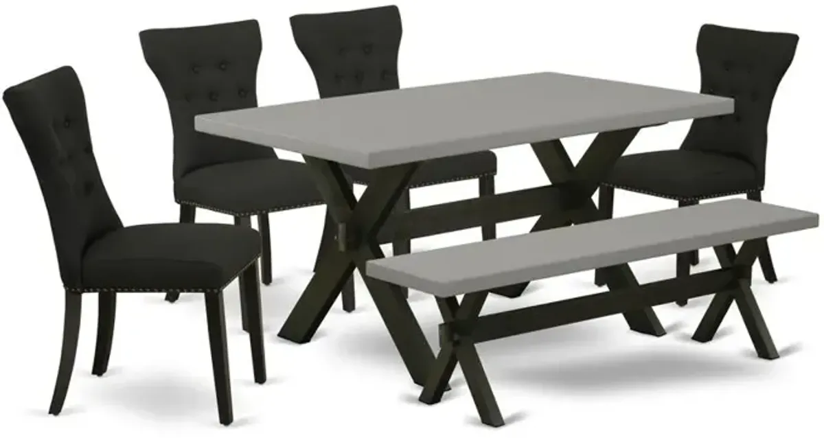 East West Furniture X696GA124-6 6-Pc Dining Table Set - 4 Dining Chairs, a Dining Bench Cement Top and 1 Modern Cement Dining Table Top - Wire Brushed Black Finish