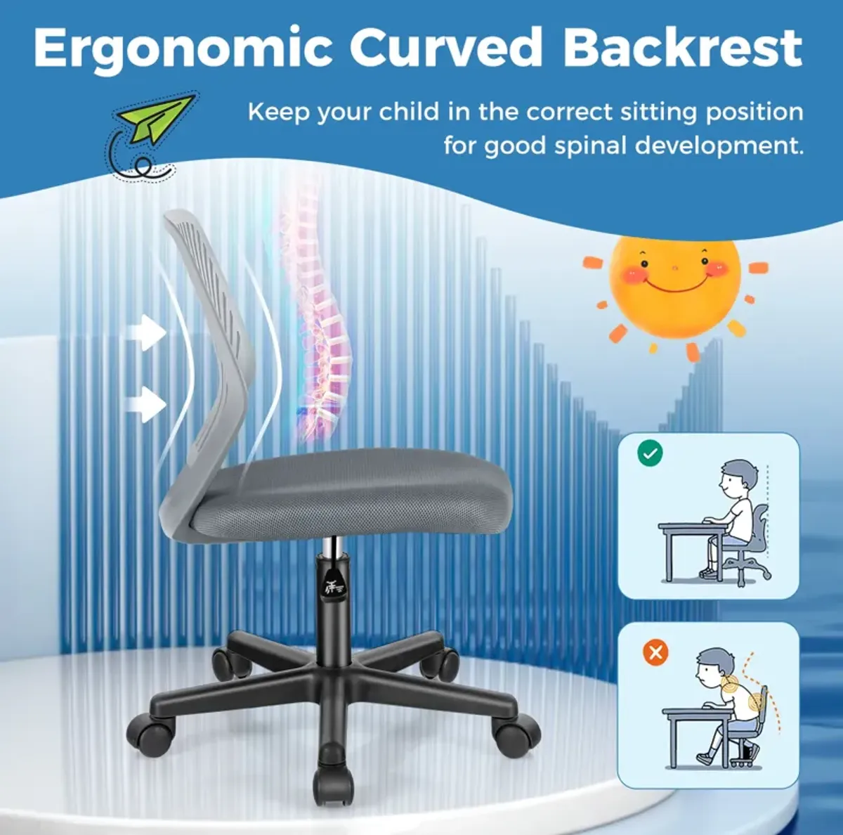 Height-adjustable Ergonomic Kids Desk Chair with Universal Casters