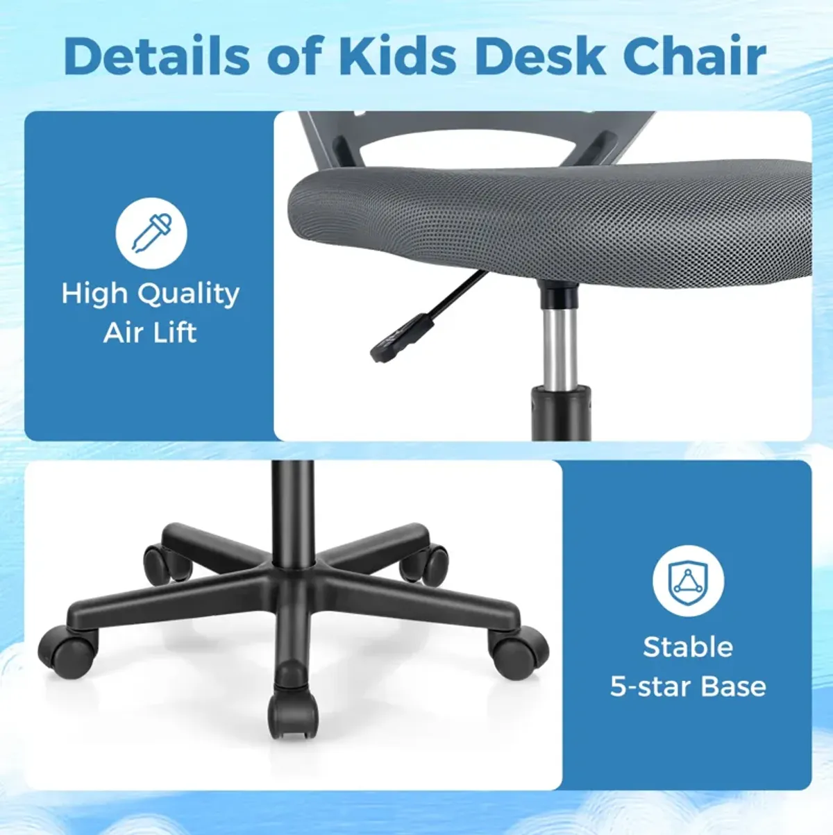 Height-adjustable Ergonomic Kids Desk Chair with Universal Casters