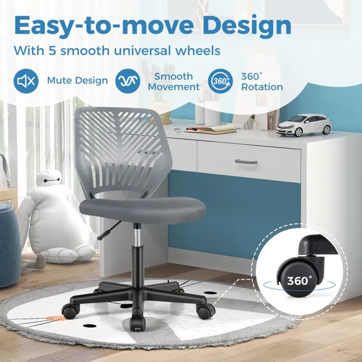 Height-adjustable Ergonomic Kids Desk Chair with Universal Casters