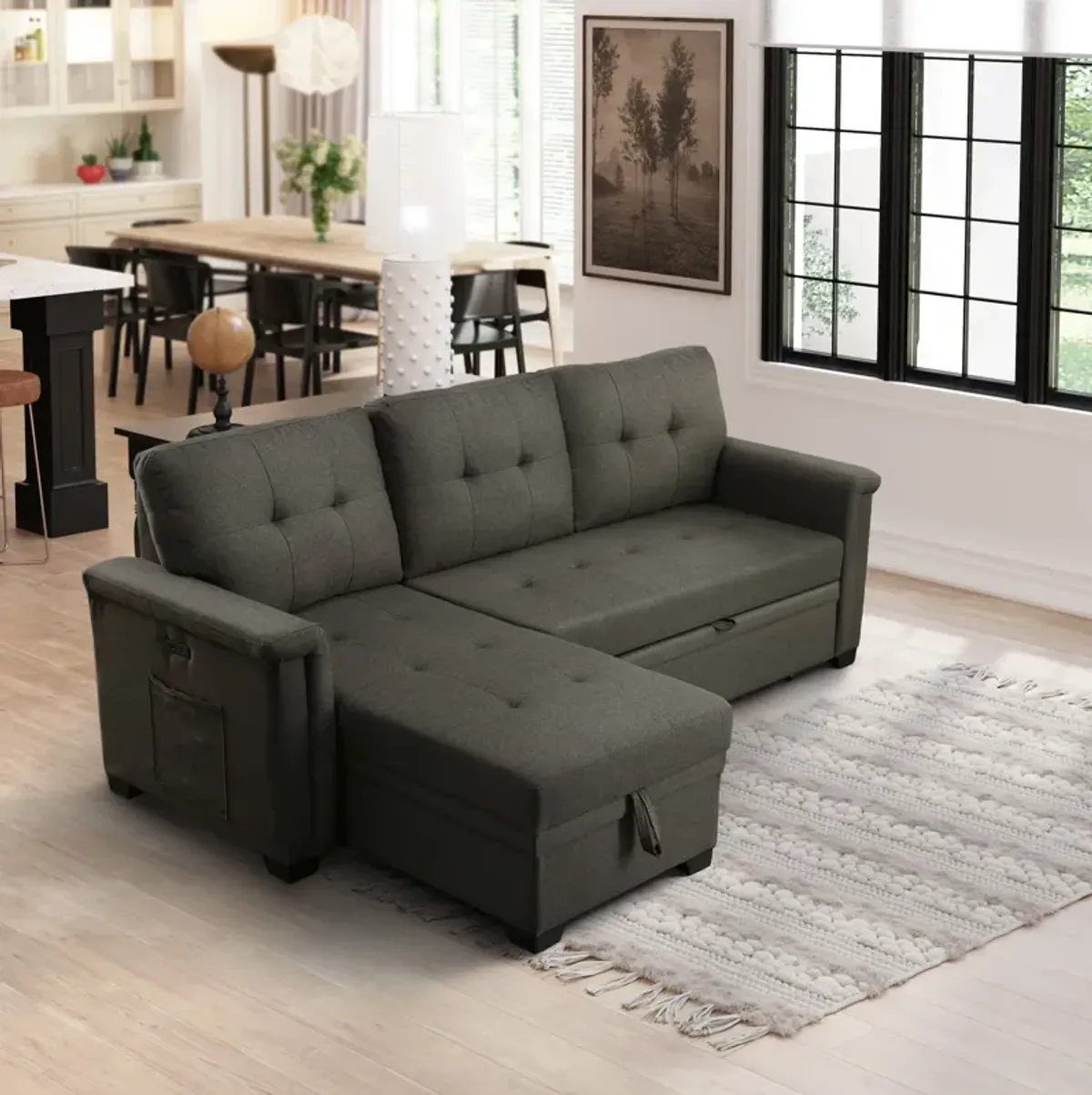 Ruben 84 Inch Reversible Sleeper Sectional Sofa, Storage Chaise, Dark Gray-Benzara