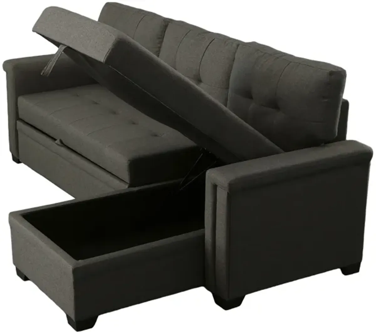 Ruben 84 Inch Reversible Sleeper Sectional Sofa, Storage Chaise, Dark Gray-Benzara