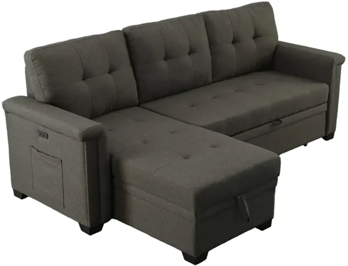 Ruben 84 Inch Reversible Sleeper Sectional Sofa, Storage Chaise, Dark Gray-Benzara