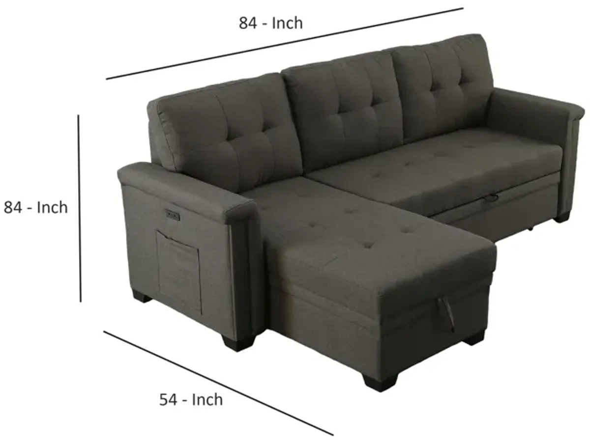 Ruben 84 Inch Reversible Sleeper Sectional Sofa, Storage Chaise, Dark Gray-Benzara