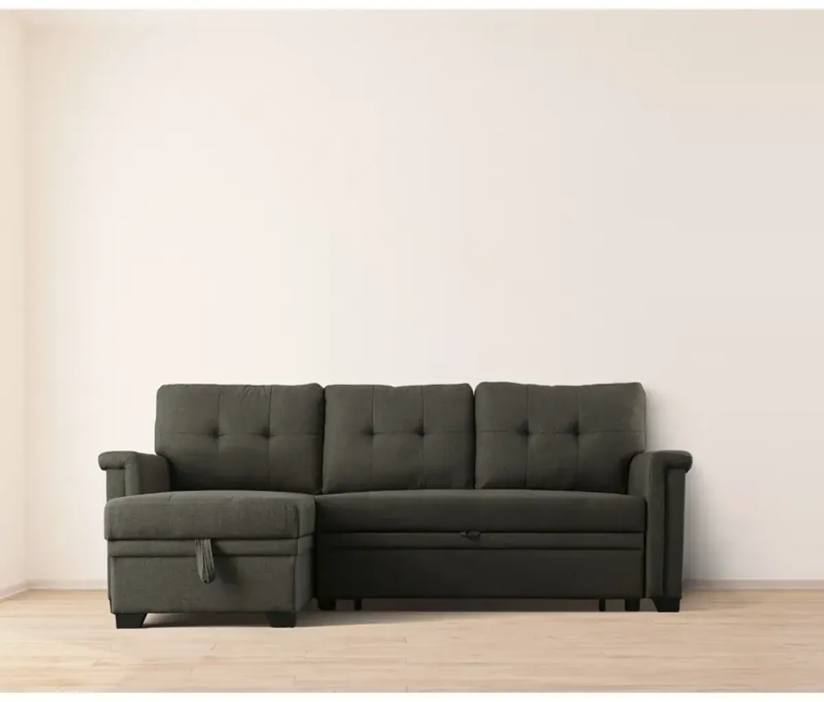 Ruben 84 Inch Reversible Sleeper Sectional Sofa, Storage Chaise, Dark Gray-Benzara