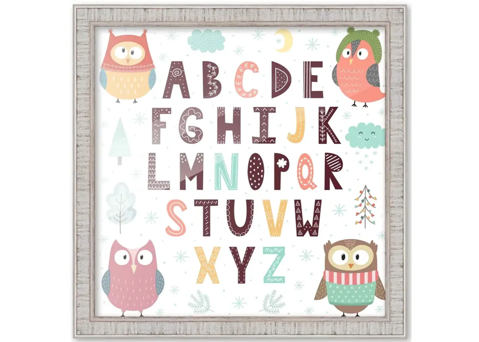 10x10 Framed Nursery Wall Art Hand Drawn Owl ABC Poster In Rustic White Wood Frame For Kid Bedroom or Playroom