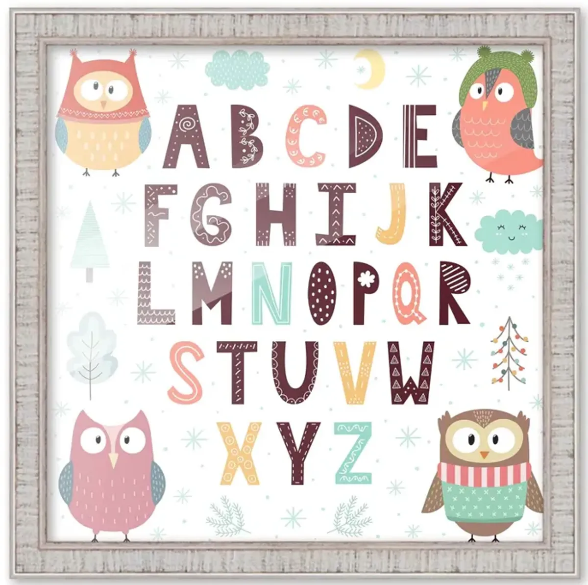 10x10 Framed Nursery Wall Art Hand Drawn Owl ABC Poster In Rustic White Wood Frame For Kid Bedroom or Playroom