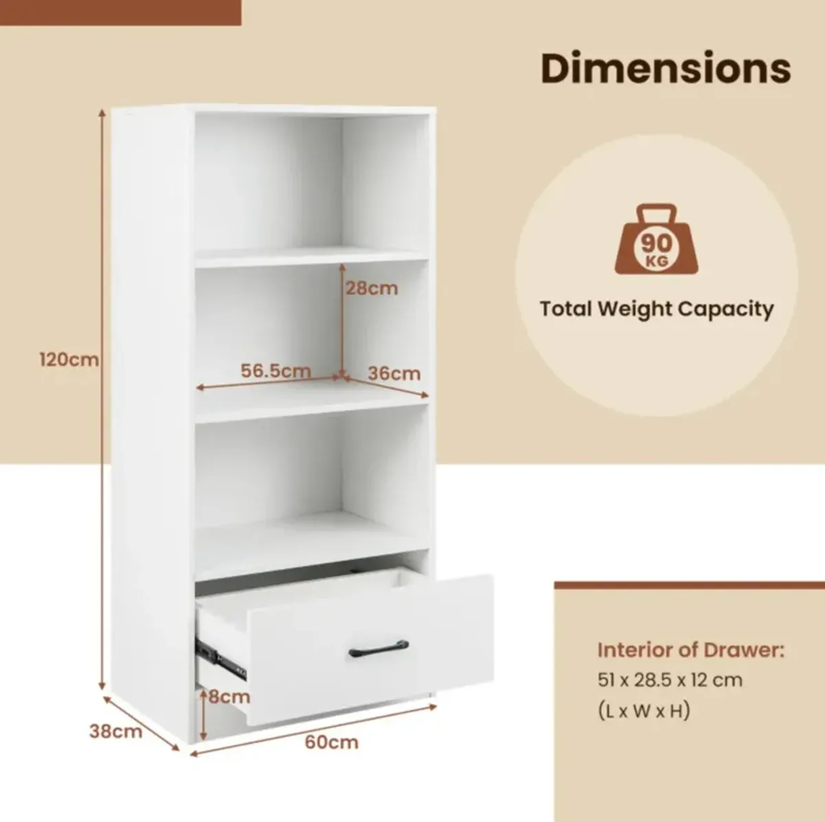 Hivvago 4-Tier Storage Bookcase with Open Shelves Drawer and Anti-toppling Device