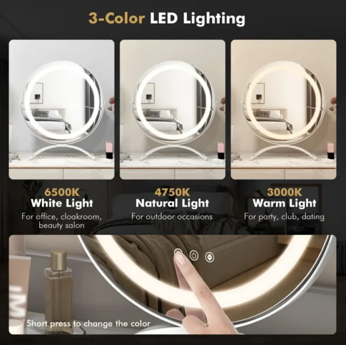 Hivvago 16 x 16 Inch Round LED Vanity Mirror with 3-Color Lighting and Brightness Dimming