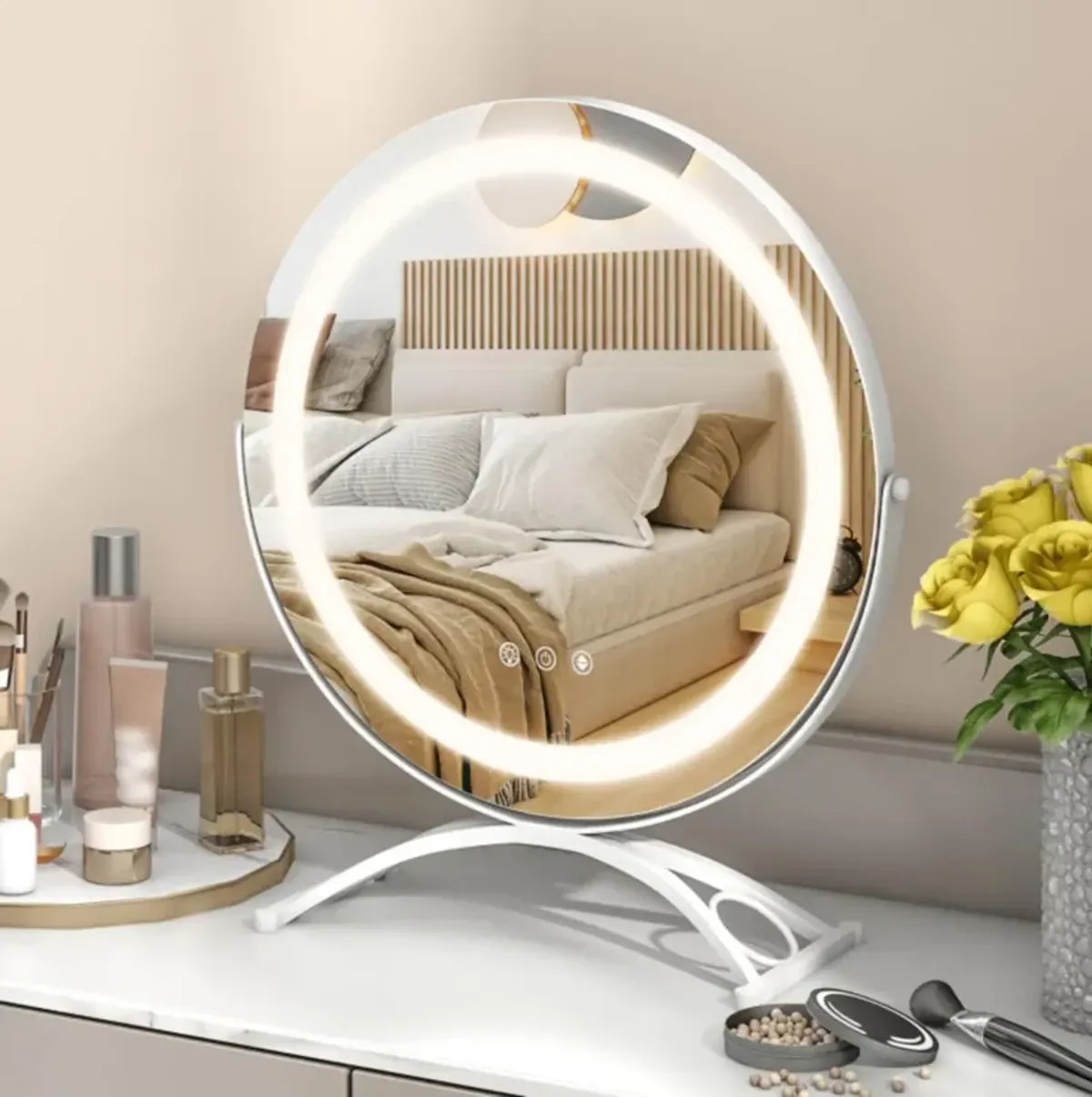 Hivvago 16 x 16 Inch Round LED Vanity Mirror with 3-Color Lighting and Brightness Dimming