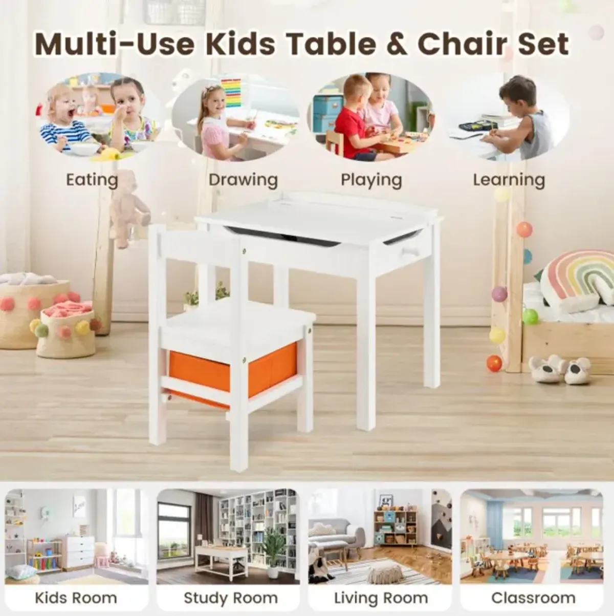 Hivvago Flip-Top Wood Kids Activity Table and Chair Set with Hidden Storage Space