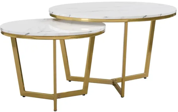 Modern Round Nesting Coffee Table Set 2-Piece White & Marbling Top Gold Base