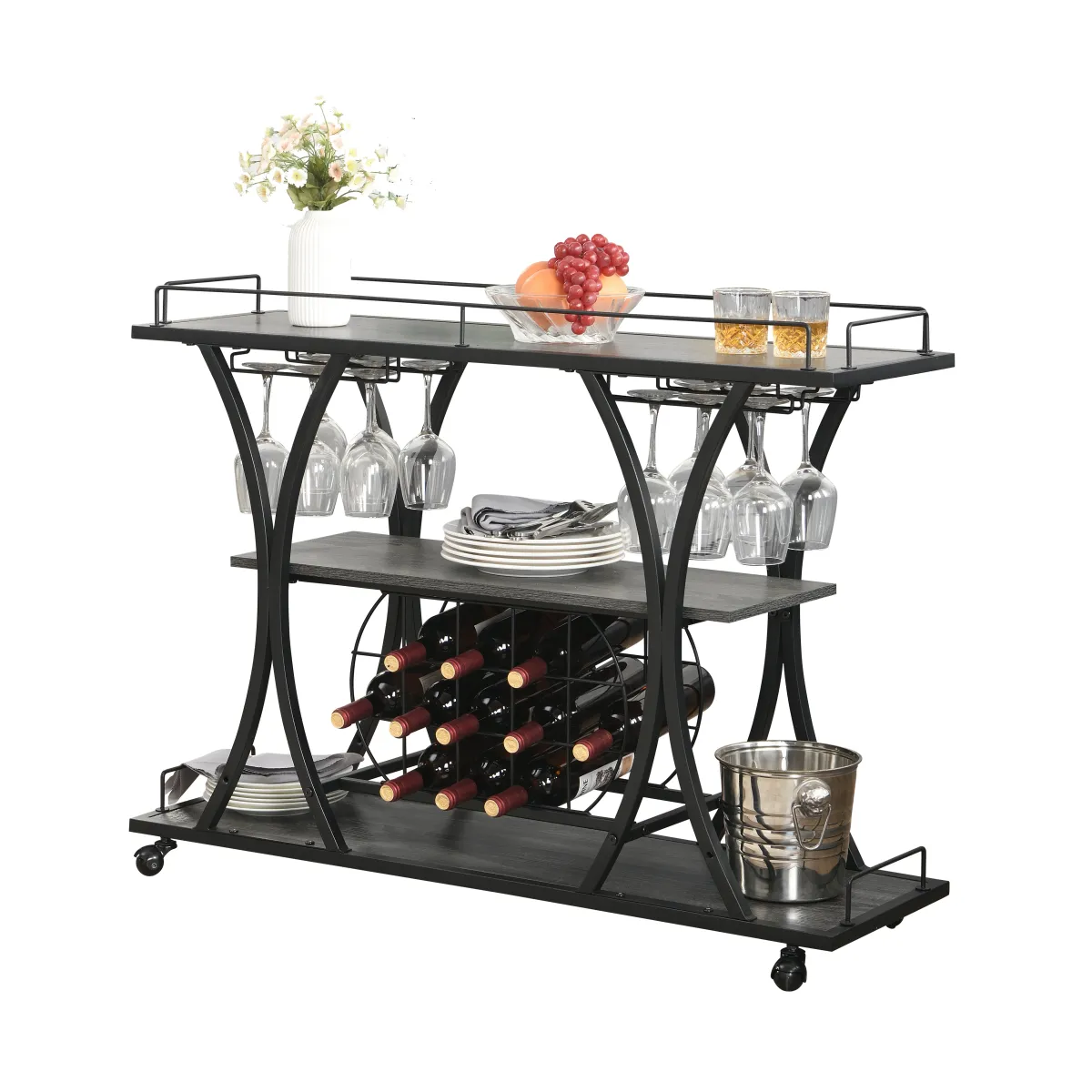 Streamdale Industrial Kitchen Bar Cart with 3-Tier Shelves