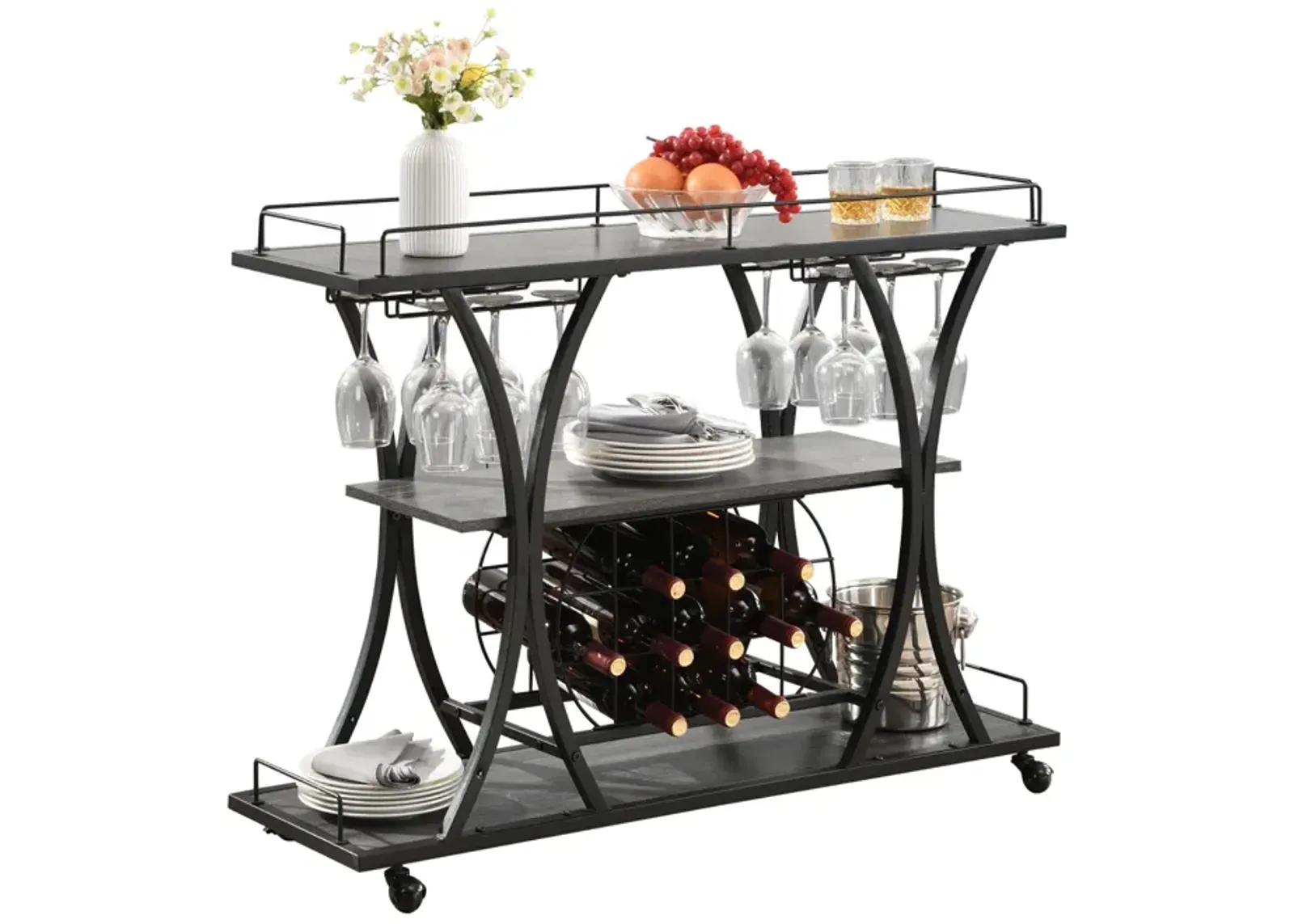 Industrial Bar Cart Kitchen Bar Serving Cart For Home With Wheels 3 - Tier Storage Shelves